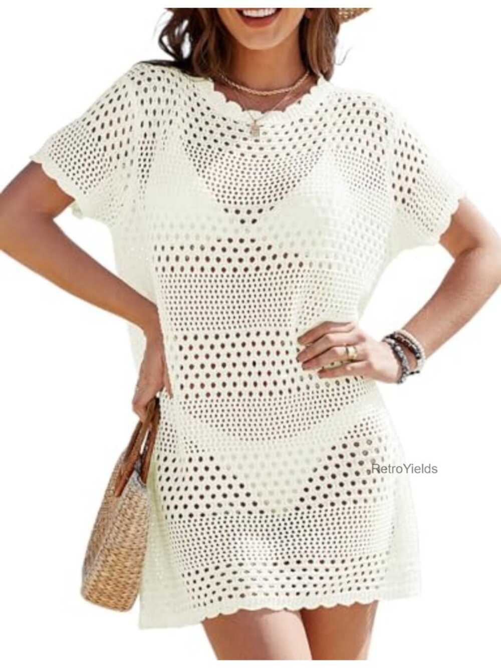 Women's Crochet Swimwear Cover Up Beach Bikini Coverup Sheer Short Sleeve Loose